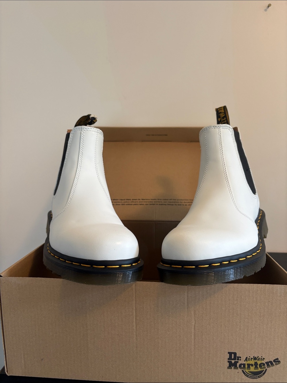 Dr. Martens White Chelsea Boots with Black Elastic and Yellow Stitching